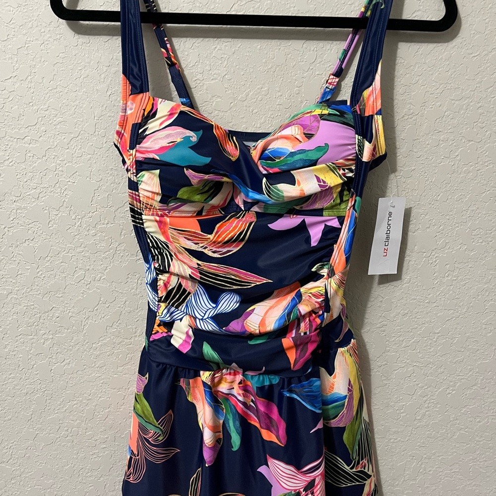 Liz Claiborne Floral Swim Dress One Piece Navy Multicolor Tummy Control NWT